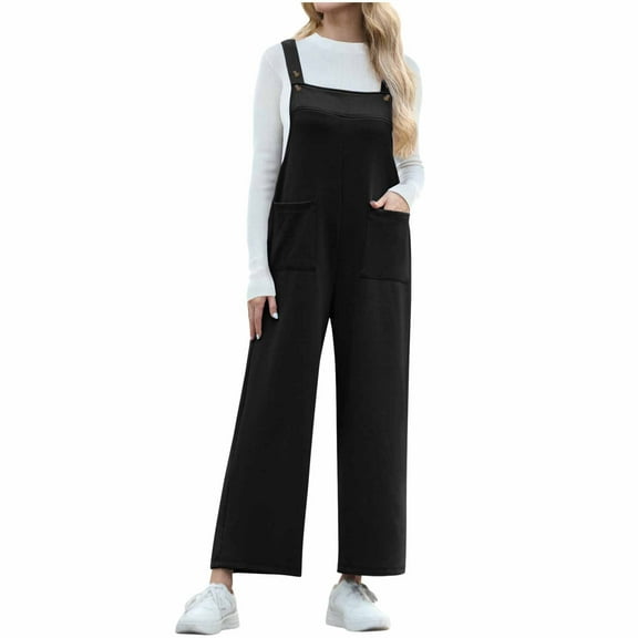 Womens Casual Overalls Button Strap Sleeveless Loose Fit Dressy Outfits Barrel Wide Leg Rompers Long Pants Jumpsuit, Black, L