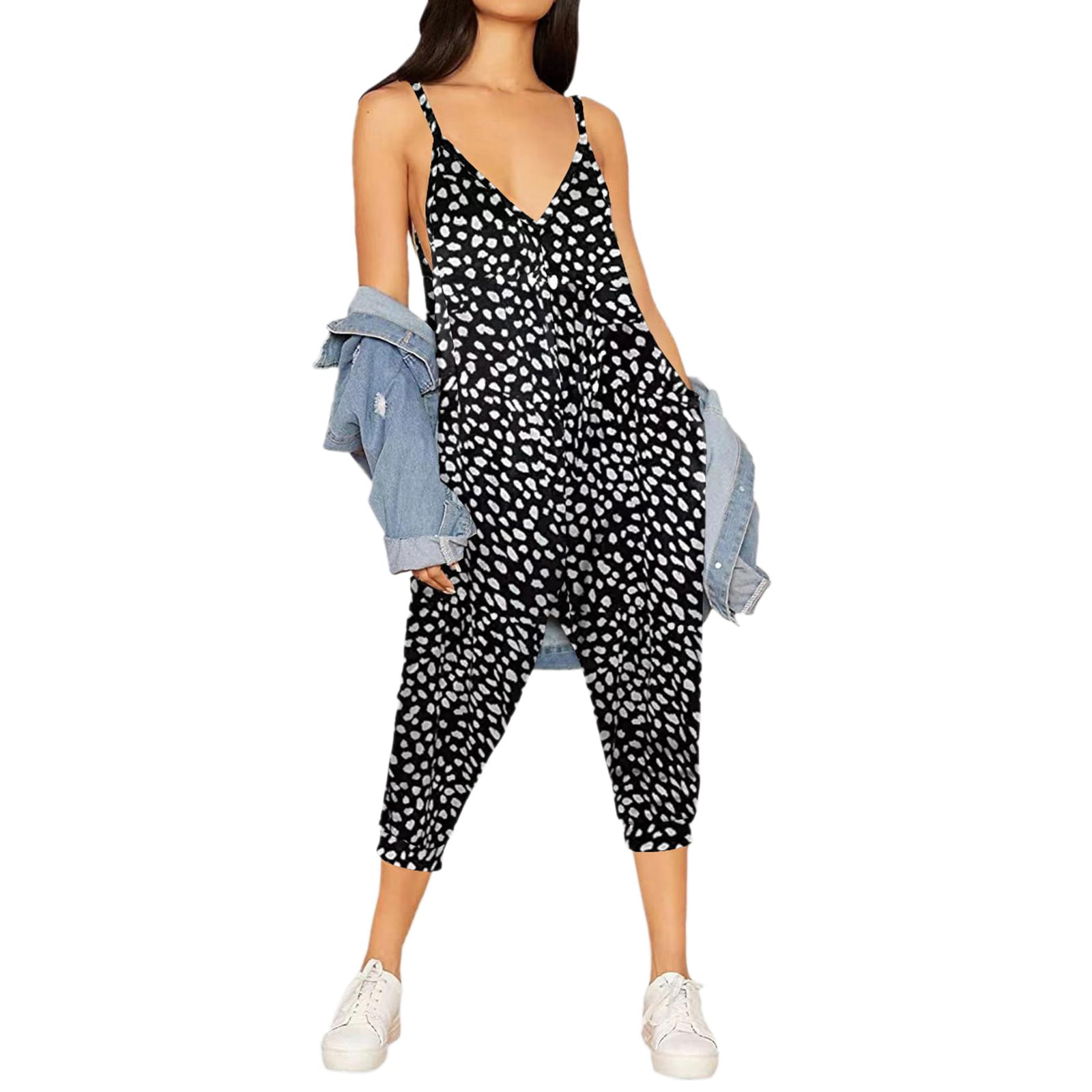 Women's Casual Jumpsuit with Pockets Sleeveless V Neck Spaghetti Strap  Loose Romper Comfy Breathable Wide Leg Long Pants : : Clothing,  Shoes