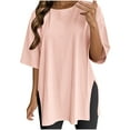 thumbnail image 1 of Womens Casual Oversize Solid T-Shirts Short Sleeve Crew Neck T Shirt Loose Fit Side Slit Tee Tops, 1 of 6