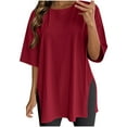 thumbnail image 1 of Womens Casual Oversize Solid T-Shirts Short Sleeve Crew Neck T Shirt Loose Fit Side Slit Tee Tops, 1 of 6