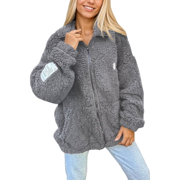 Womens Casual Oversized Fleece Jacket Fall Winter Warm Lapel Zip Up Plush Cardigan Outerwear Coat with Pockets Gray XL