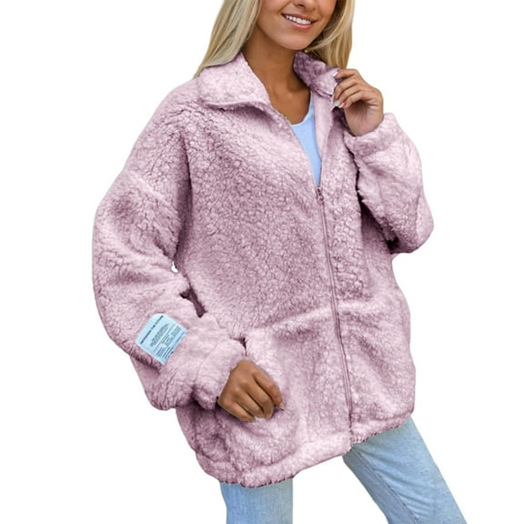 Womens Casual Oversized Fleece Jacket Fall Winter Warm Lapel Zip Up Plush Cardigan Outerwear Coat with Pockets Pink S