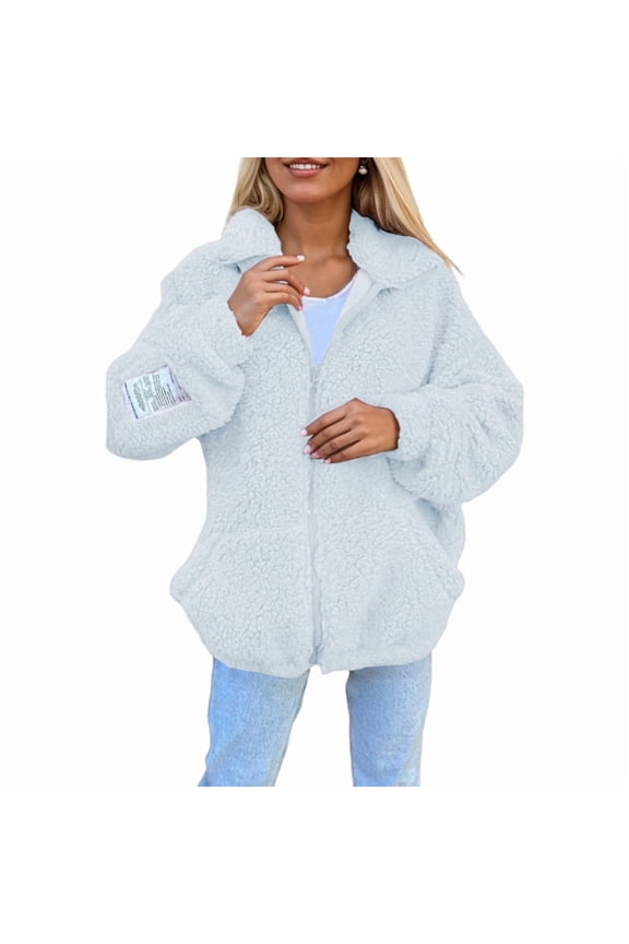Womens Casual Oversized Fleece Jacket Fall Winter Warm Lapel Zip Up Plush Cardigan Outerwear Coat with Pockets White XXXL