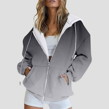 Womens Casual Oversized Hooded Sweatshirt Crew Neck Zip Up Hoodies Gradient Printed Loose Fit Comfy Long Sleeve Pullover Tops with Pocket