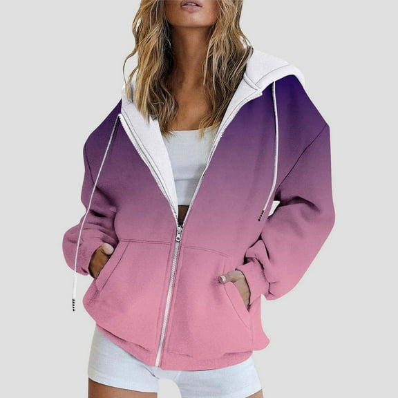 Womens Casual Oversized Hooded Sweatshirt Crew Neck Zip Up Hoodies Gradient Printed Loose Fit Comfy Long Sleeve Pullover Tops with Pocket