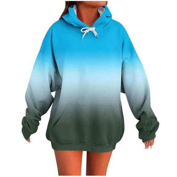 Womens Casual Oversized Sweatshirt with Hood Pockets Fleece Pullover Sweater Gradient and Solid Color Hoodies Sky Blue L