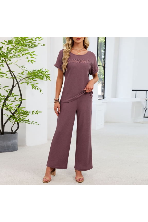 Womens Casual Pajama Set 2 Piece Short Sleeve Tops and Wide Leg Pants Cozy Loungewear Pjs Sleepwear New Womens 2 Piece Sets Casual Wine XL