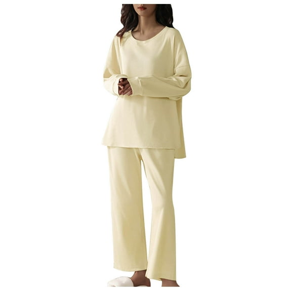 Womens Casual Pajamas 2 Piece Crew Neck Long Sleeve Tops and Pants Lounge Sets Sleepwear Loungewear Plus Size Beige
