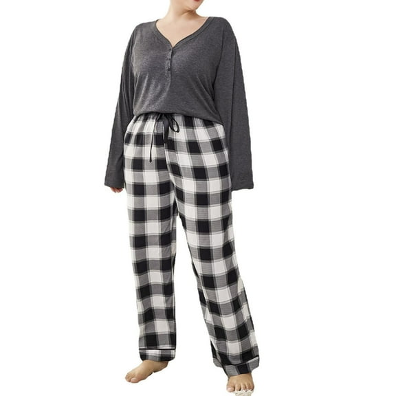 Womens Casual Pajamas Sets Long/Short Sleeve Tops Shirts with Loose Wide Leg Long Pants PJs Sets Loungewear Plus Size
