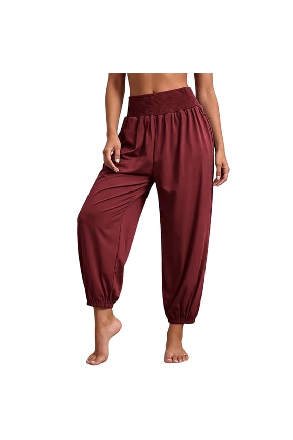Womens Casual Palazzo Pants Loose Fit Harem Trousers High Waisted Smocked Waist Flowy Tapered Leg Lantern Pants for Lounge Daily Wear,Red,XXXL