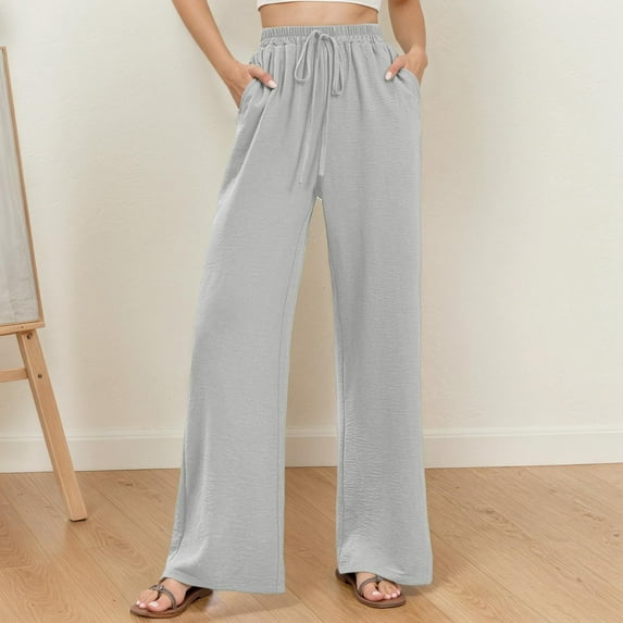 Womens Casual Palazzo Pants Wide Leg Elastic Waist Trousers with Drawstring