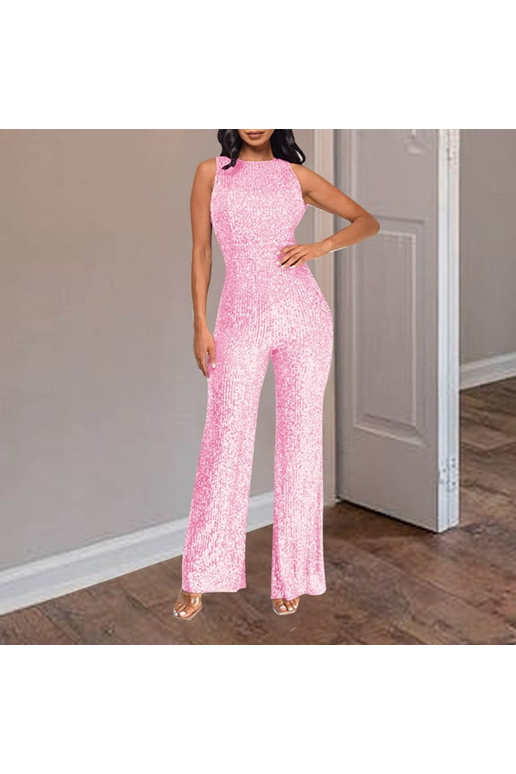 Womens Casual Pant Women'S Solid Color High-Waisted Sleeveless Round Neck Off-The-Shoulder Sequin Slim Long Sequin Romper Pants for Women Wide Leg Pants Woman Casual Pants for Men