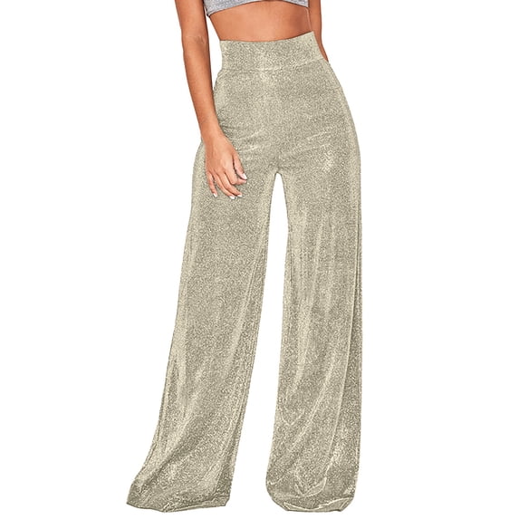 Womens Casual Pants Bright High Waist Draped Zipper Wide Leg Flare Pants for Party Slacks for Women Gold L
