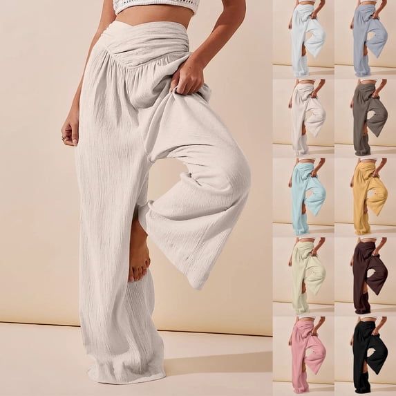 Womens Casual Pants Casual Loose Wide Leg Trousers Elastic Waist Pure Color Linen Blend Straight Pants