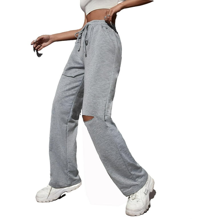 Womens Casual Pants Drawstring Waist Ripped Straingt leg Solid Sweatpants Grey XS Walmart