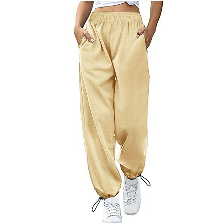 Womens Casual Pants Drawstring Workout Pants Elastic Band Trousers with  Pocket Wide Leg Pants Plus Size Comfy Sweatpants 