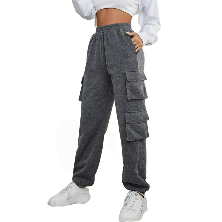 Womens Casual Pants Elastic Waist Flap Pocket Side Sweatpants Dark Grey L