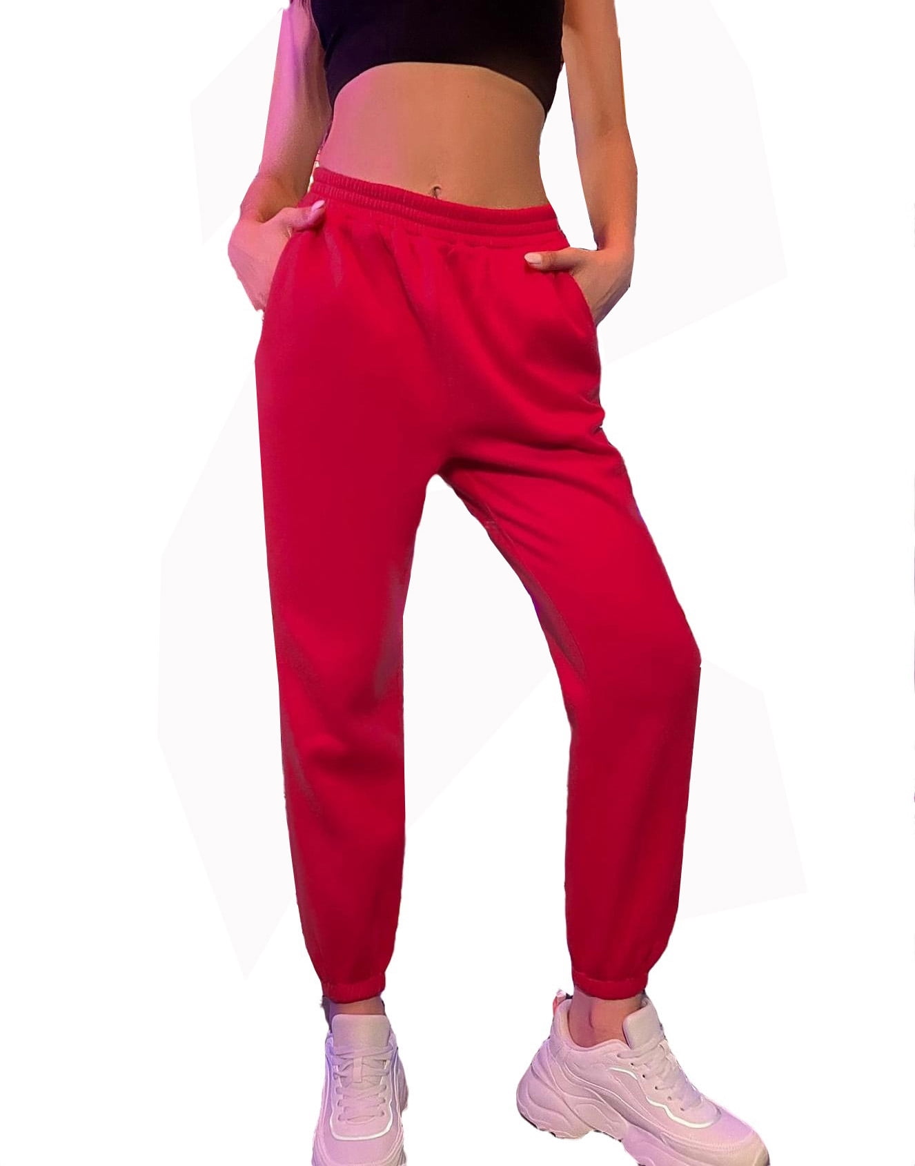 Womens Casual Pants Elastic Waist Joggers Solid Sweatpants Red XL