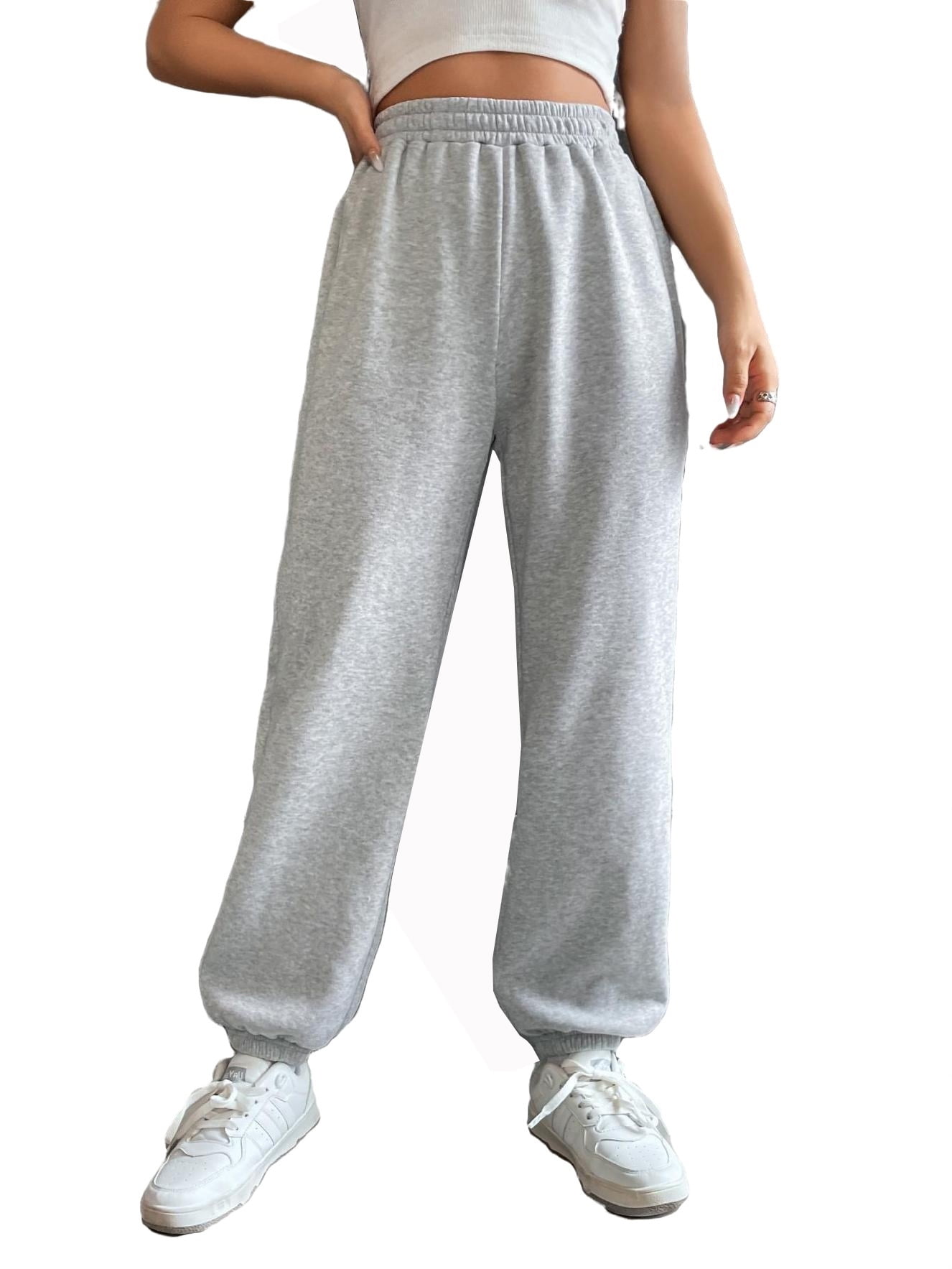 Womens Casual Pants Elastic Waist Solid Sweatpants Grey M