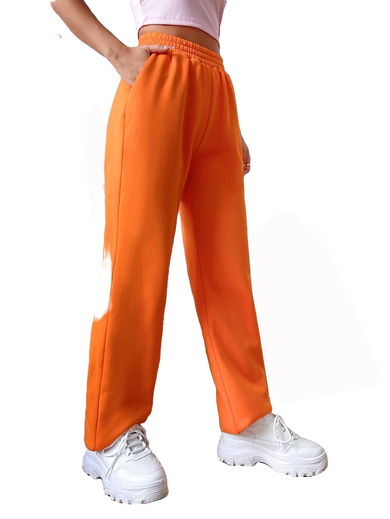 Womens Casual Pants Elastic Waist Solid Sweatpants Orange M