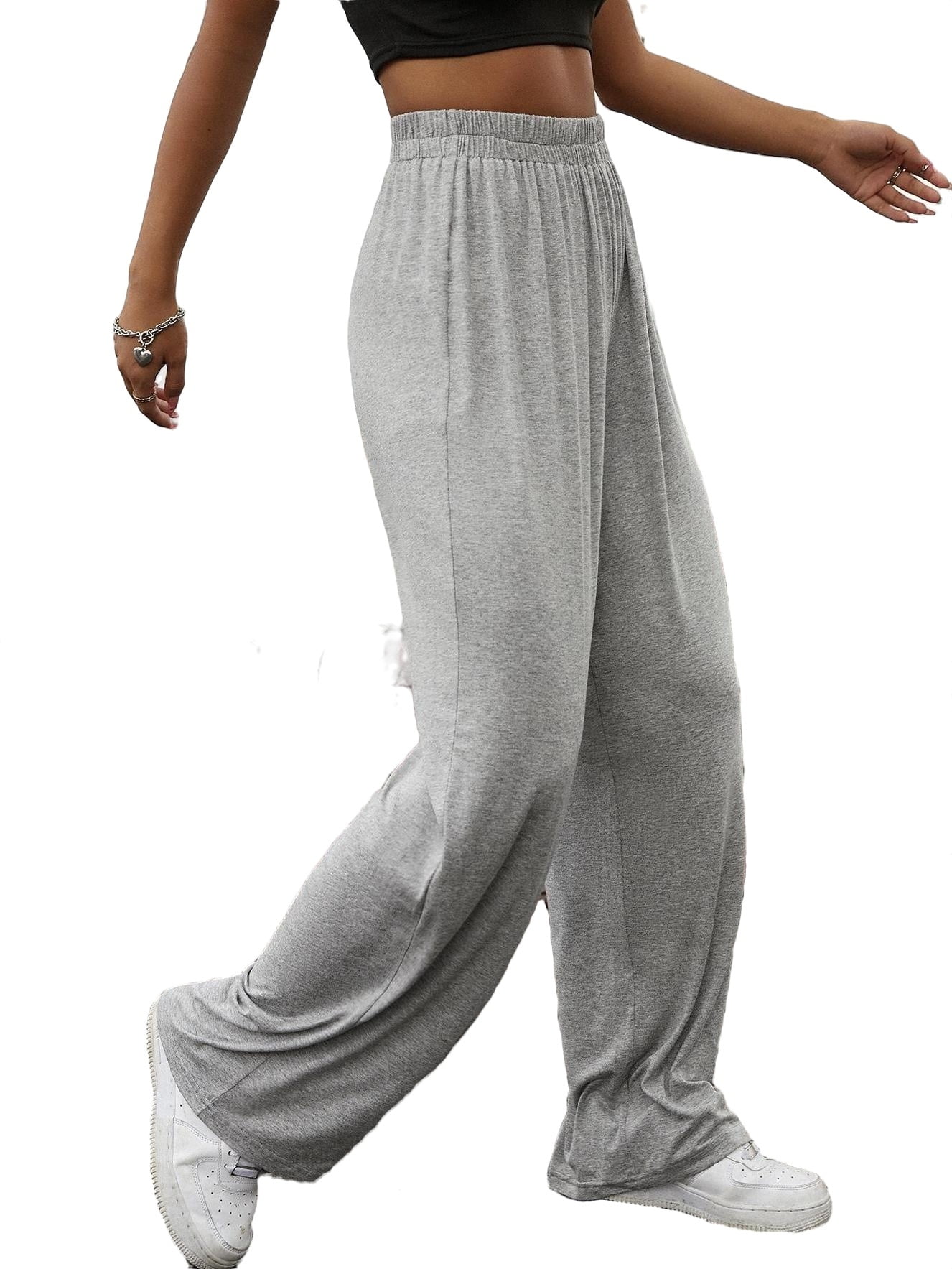 Womens Casual Pants Elastic Waist Wide Leg Sweatpants Light Grey XL 