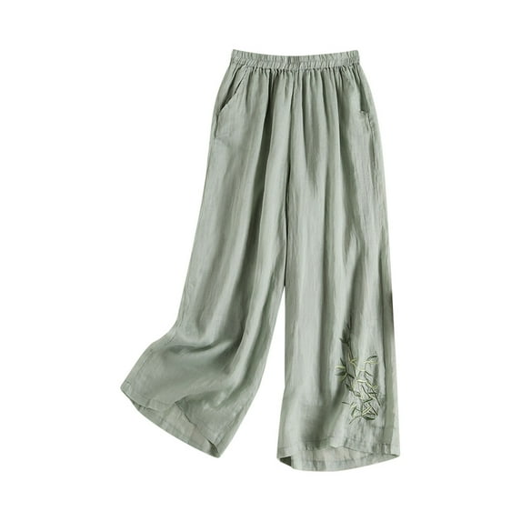 Womens Casual Pants Embroidered Linen Wide Leg High Waist Tapered Pants Green Xxl