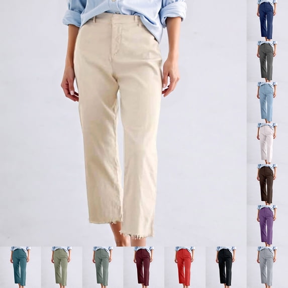 Womens Casual Pants High Waist Straight Leg Pants Casual Ankle Trousers Stretchy Wear Slim Cropped Bottoms
