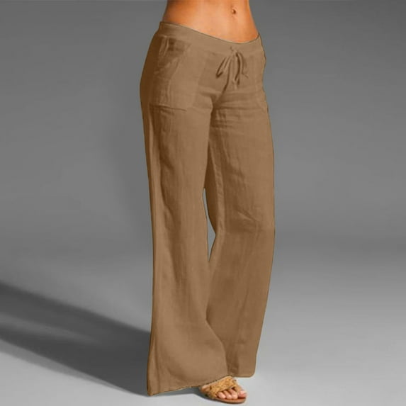Womens Casual Pants High Waisted Drawstring Elastic Pockets Wide Leg Trousers,Khaki,3XL