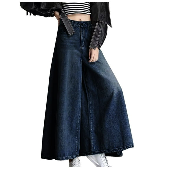 Womens Casual Pants High Waisted Wide Leg Denim Skirt Trousers with Pockets Oversized Loose Womens Slacks Dark Blue L