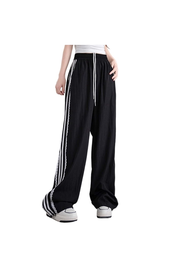 Womens Casual Pants Lace Tape Vertical Stripe Straight Leg Sport Pants High Waist Drop Waist Casual Wide Trousers Black S