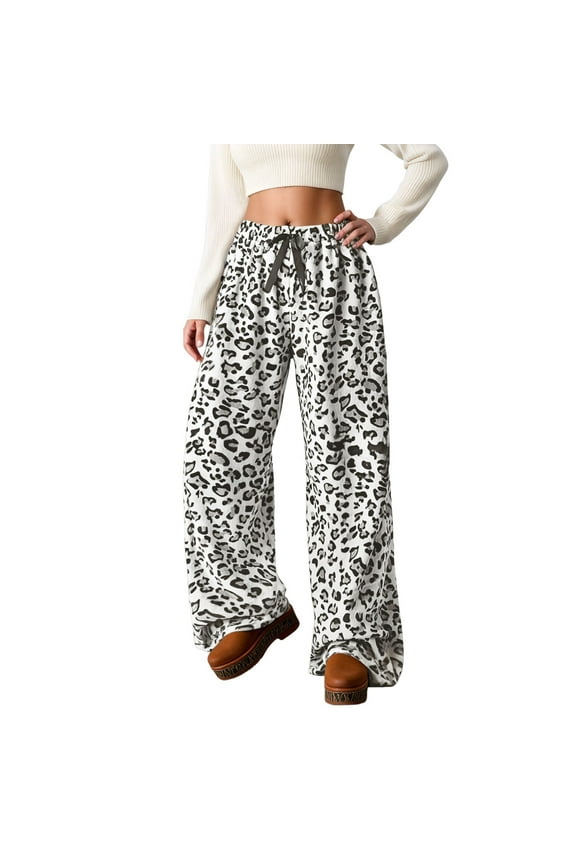 Womens Casual Pants Leopard Print Elastic High Waist Loose Pajama Trousers Wide Leg Summer Fall Lounge Womens Slacks White L