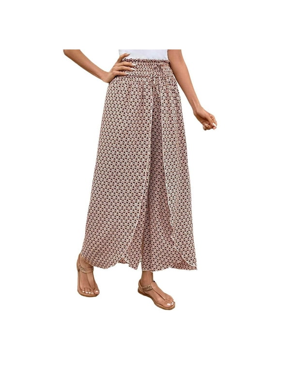 Womens Casual Pants Lightweight Summer Relax Fit Floral Printed Side Slit Wide Leg Culottes Elastic Waisted Loose Fit Drawstring Elastic Waist Trousers
