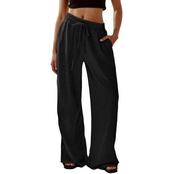 Womens Casual Pants Loose Home Lounge Pure Color Wide Leg Trousers Ultra Soft Breathable Lightweight Pants Black S