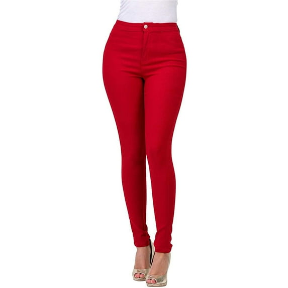 Womens Casual Pants New Women's Stretchy Slim Fitted Skinny Leg Pull on Jeans with Pockets Casual High Waist Denim Trousers Red L