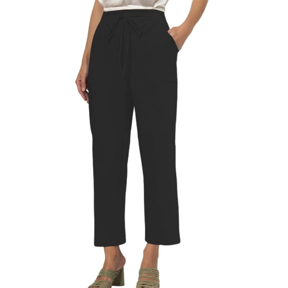 Womens Casual Pants Relaxed Fit Ankle Linen Pants Drawstring Wide Leg Lightweight Spring Summer Trousers Solid Black M