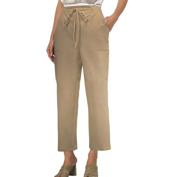 Womens Casual Pants Relaxed Fit Ankle Linen Pants Drawstring Wide Leg Lightweight Spring Summer Trousers Solid Khaki XL