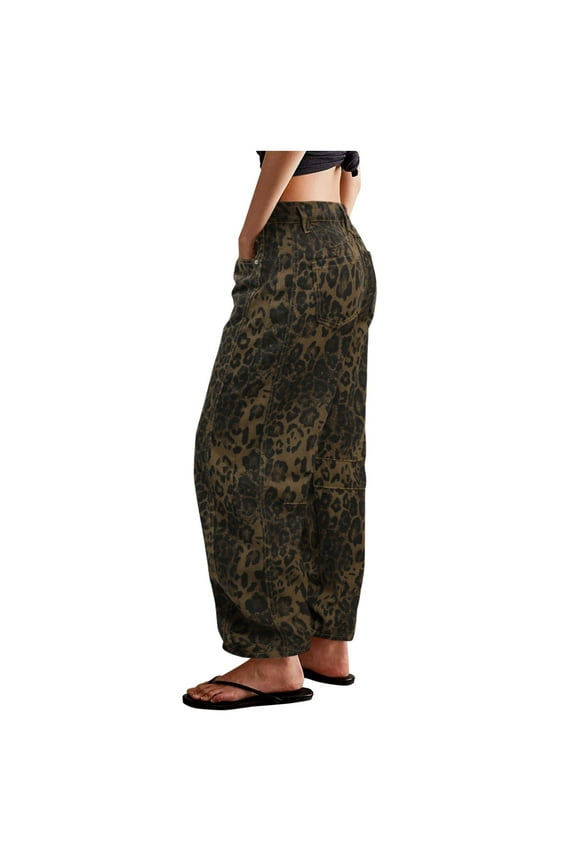 Womens Casual Pants Retro Leopard Print Ankle Length Cropped Barrel Jeans Plus Size Trousers Loose Slacks for Women Gold L