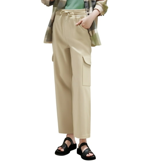 Womens Casual Pants Solid Color Cargo Trousers High Waist Drawstring Wide Leg Cuffed Slim Fit With Pocket Lightweight Beige L