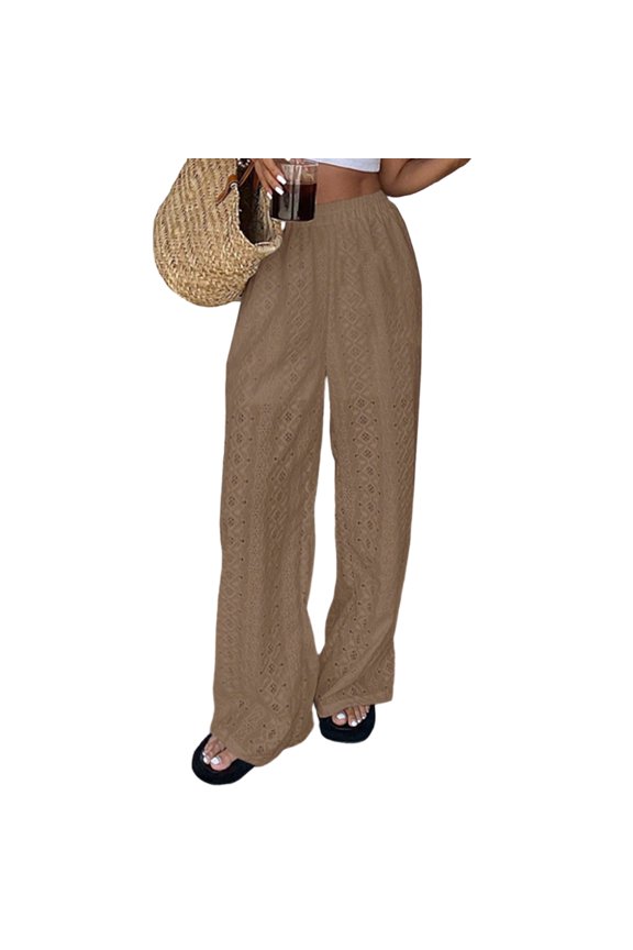 Womens Casual Pants Solid Color Hollow Embroidery Elastic Waist Everyday Commuter Bottoms Comfy Lightweight Trousers Camel L