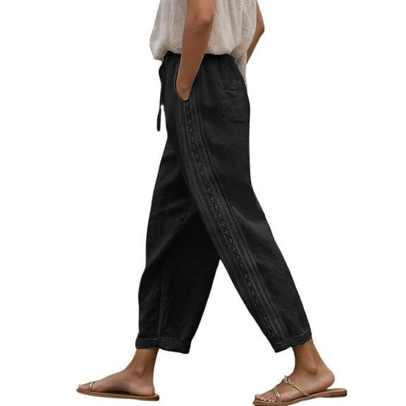 Womens Casual Pants Summer Linen Casual Trousers With Drawstring Waist Pocket Relaxed Fit Lightweight Breathable Black L