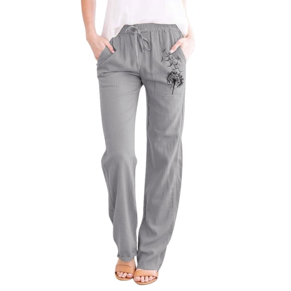 Womens Casual Pants Thin Breathable Straight Leg Linen Pants High Waisted Drawstring Elastic Spring Summer Trousers Grey XXL