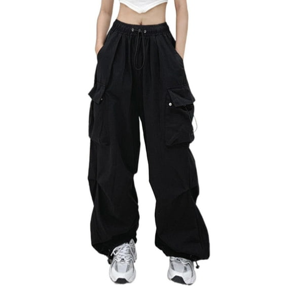 Womens Casual Pants Thin Solid Baggy Cargo Pants Loose Wide Leg Drawstring Sweatpants Hop Joggers Streetwear Sweatpants Women Black L