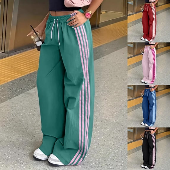 Womens Casual Pants Wide Leg Baggy Track Pants Low Rise Side Striped Slouchy Palazzo Sweatpants with Drawstring