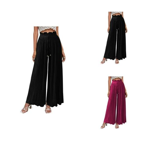 Womens Casual Pants Wide Leg Palazzo Trousers High Waisted Smocked Pleated Loose Fit Everyday Wear