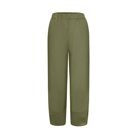 Womens Casual Pants Womens' Elastic Waist Cotton Solid Loose Crop Pant With Pockets Womens Slacks Army Green L