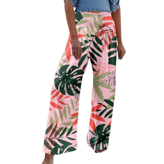 Womens Casual Pants with Pockets Long High Waist Summer Print Wide Leg Leisurely Elastic Red Trousers Pants Womens XXXL