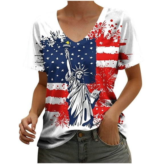 Womens Casual Patriotic Shirts Short Sleeve 4th of July Tops American Flag T Shirt Summer Outfits Comfort Lounge Wear Red, XXL