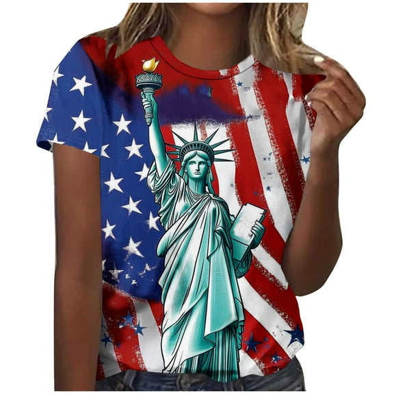 Womens Casual Patriotic Shirts Short Sleeve 4th of July Tops Crew Neck Summer Outfits Cotton Comfort Lounge Wear Red, XL