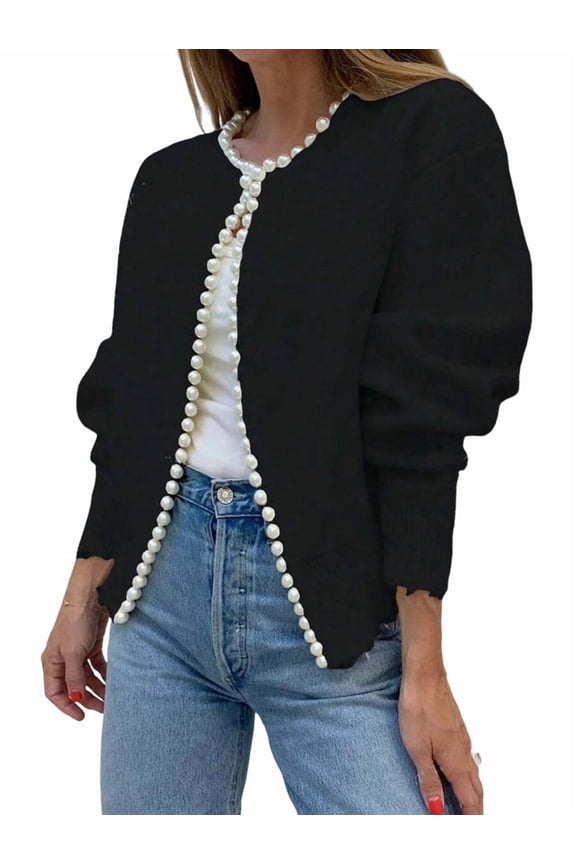 Womens Casual Pearl Cardigan Spring Elegant Embellished Long Sleeve Oversized Knit Sweater Black One Size