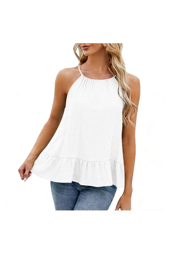 Womens Casual Peplum Babydoll Sleeveless Tops Spaghetti Strap Halter Shirts Loose Fit Pleated Tunics Summer Vacation Crewneck Flowy Tank Tops